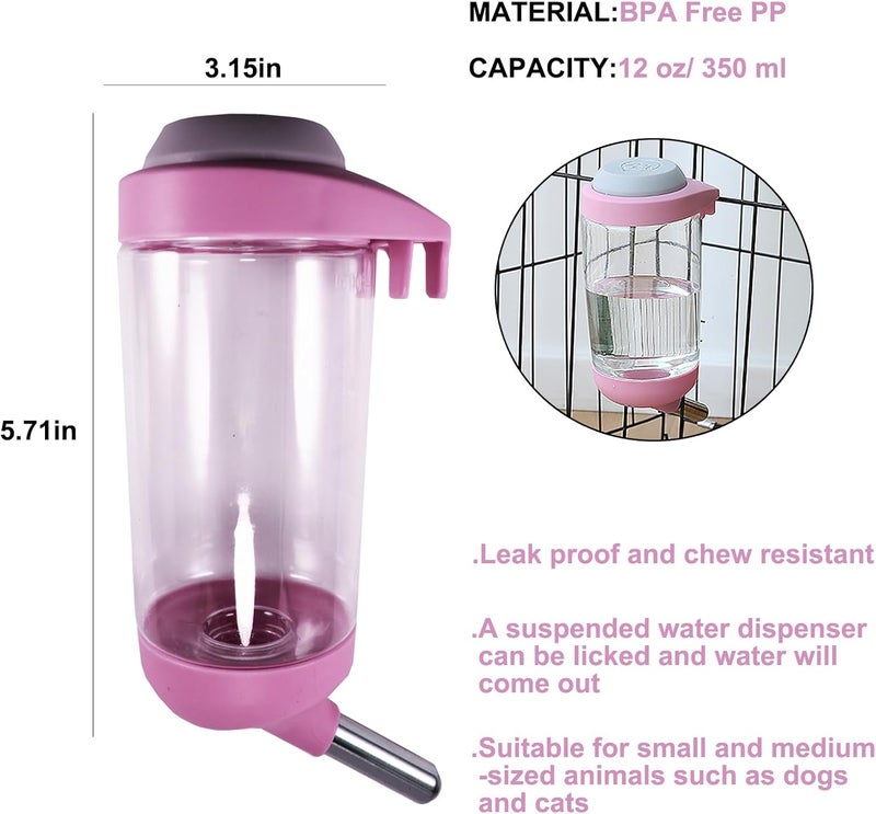 DEEUCHIS Dog Crate Water Bottle - 12 oz No Drip Kennel Pet Water Dispenser, Easy-to-Use Cage Water Bottle for Dogs, Cats, Small Animals, 350ML, Pink - Image 2